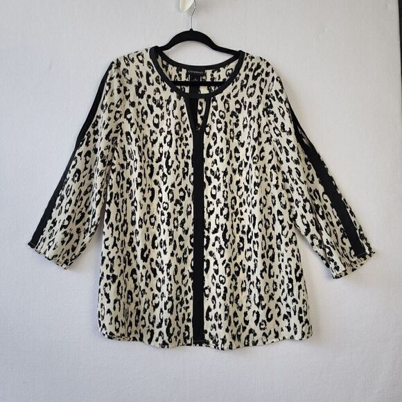 Catherines Leopard Blouse 0X (14/16) Black Lightweight Keyhole Slit Sleeve Satin - Picture 14 of 14